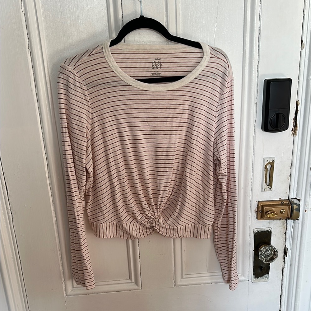 AERIE Striped Pink Long Sleeve Top